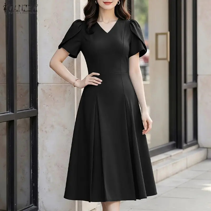 Elegant V Neck Petal Sleeve Sundress ZANZEA Women Summer Dress Stylish Solid A Line Pleated Holiday Dresses Casual OL Work Robe