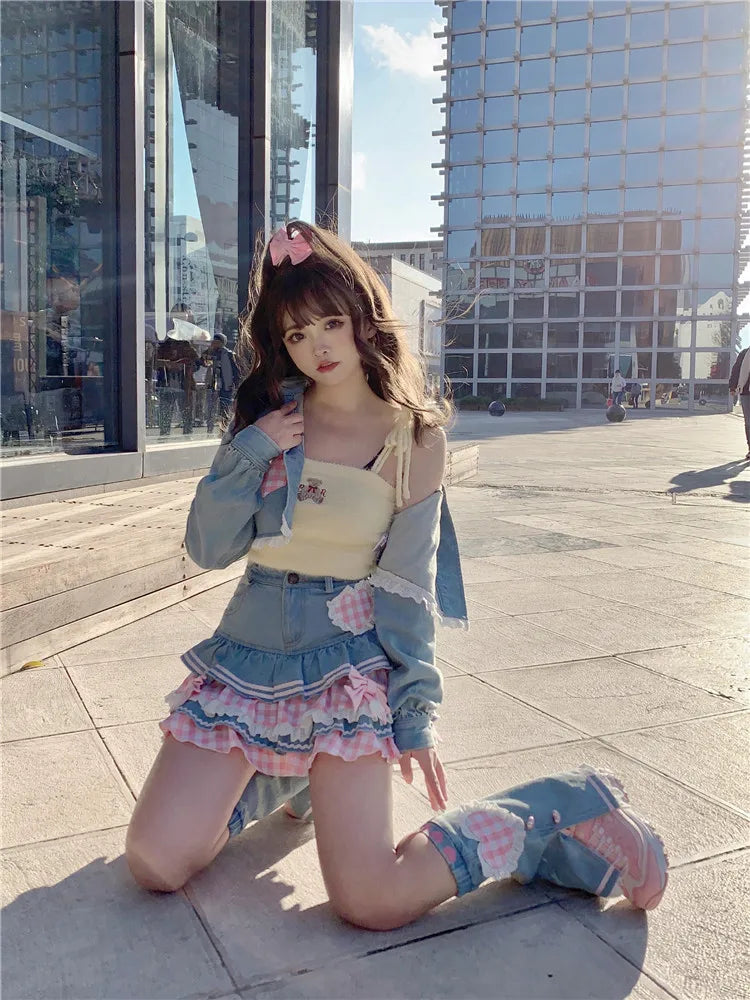 Japanese Sweet Lolita Mini Skirts Ball Gown Women Harajuku Cute Denim Skirt Preppy Style Girls High Waist Kawaii Lace Cake Skirt