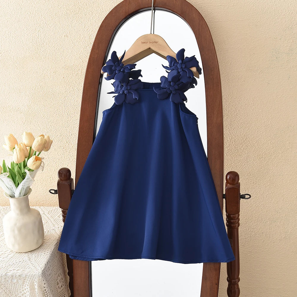Korean Version 2 3 4 5 6 7-year-old Solid Color Girls' Casual Clothes Summer 3D Flower Princess Dress Fashionable and Elegant