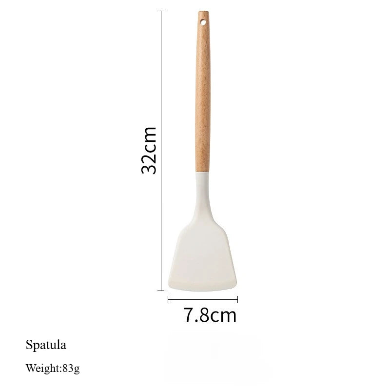 2/12Pcs White Silicone Kitchen Utensils Set with Wooden Handle,Cookware Spatula, Heat Resistant Non-stick Kitchen Cooking Tools