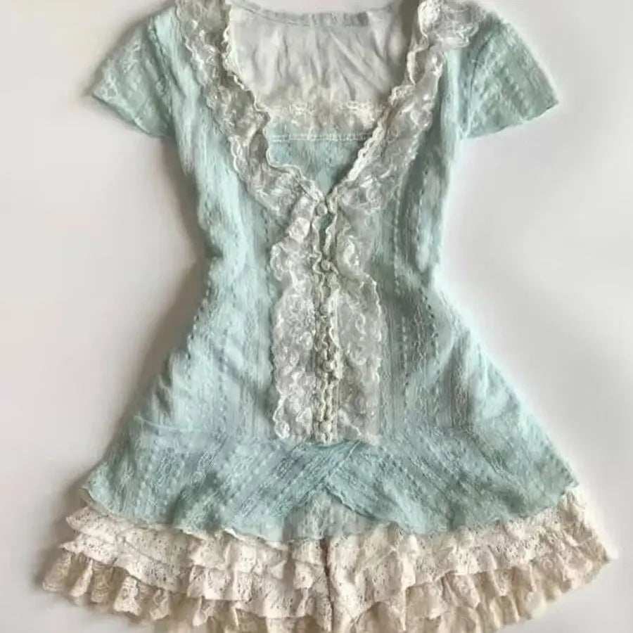 Lace Dress 2-piece Sweet Vintage Slim T shirt High Waist Elegant Mini Skirt Summer Korea Womens Dresses Y2k Party Dress Clothes