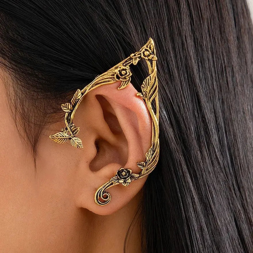 Purui Popular Gold Color Elf Flower Leaf Ear Clip Cute Jewelry Accessory Fairy Piercing Earrings Wedding Girls Jewelry Gifts New