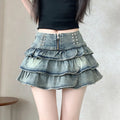 Summer Retro 2026 Korean Fashion Vacation Versatile Sexy Denim Cake Pleated Mini Skirt Women's High Waist Ruffle Short Skirt