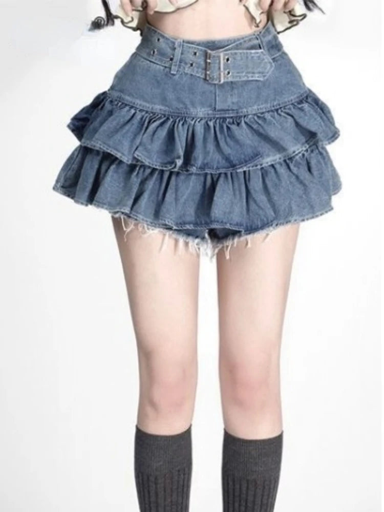 Sweet Denim Skirts Women 2025 Faldas Mujer De Moda High Waist A-line Ruffles Jupe Fashion Korean Saia Casual Summer Mini Skirt