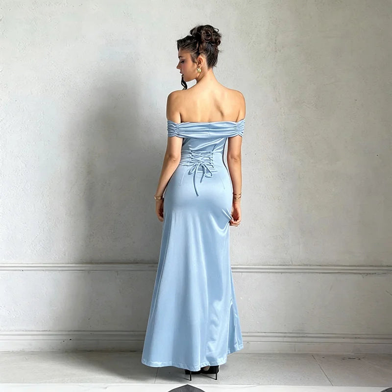 Off Shoulder Bodycon Long Dress Sexy Hip Hugging Party Evening Gown Mermaid Split Slim Club Cocktail Dress Women Red Elegant