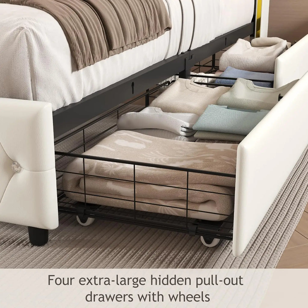 Queen Size Bed Frame, Headboard, 4 Storage Drawers, LED Lights, White | Charging Station, Upholstered Leather Bed,, Customized