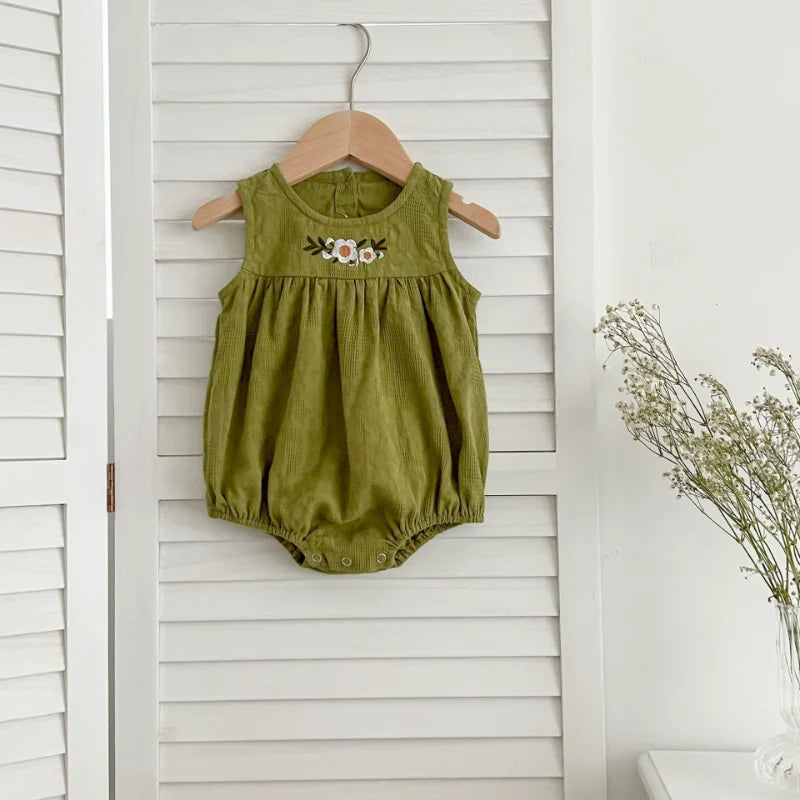 Girls Birthday Party Sisters Outfits Summer Green Apricot Floral Embroidery Sleeveless Bodysuit Vest Dress Baby Clothes H037