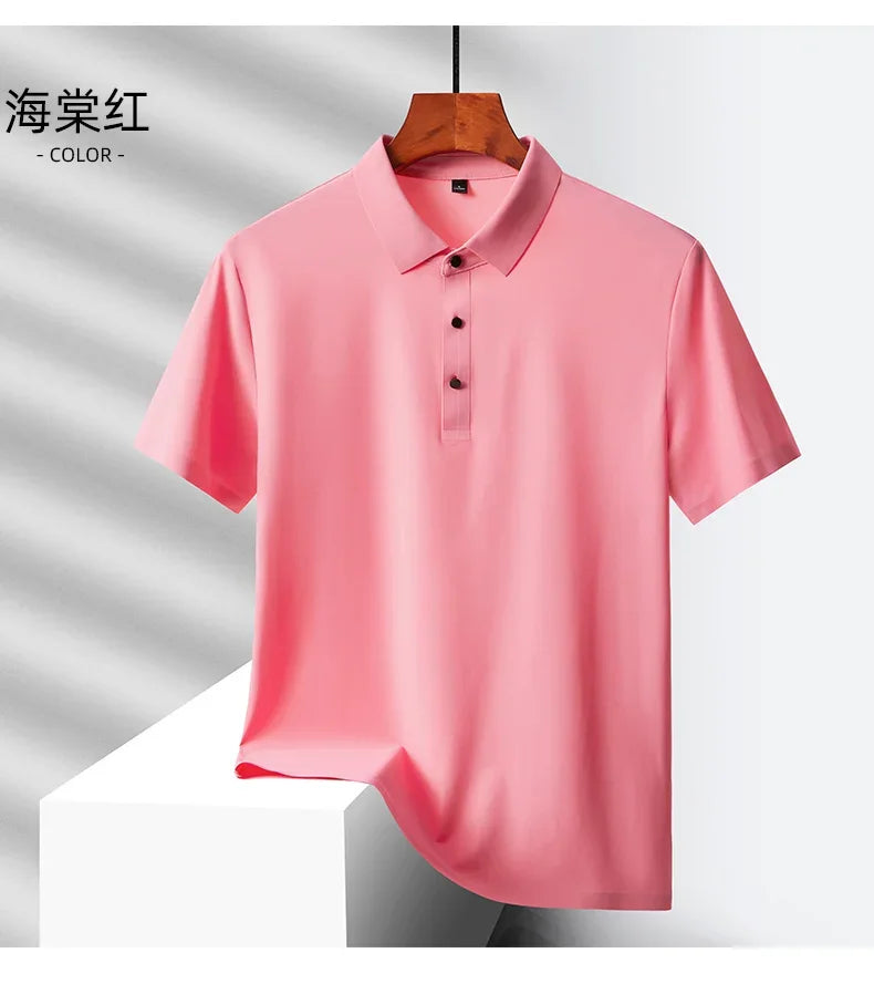Summer Ice Silk Quick Drying Loose Polo Shirt Middle Aged Men's Solid Lapel Button Simple Versatile Casual Thin Short Sleeve Top
