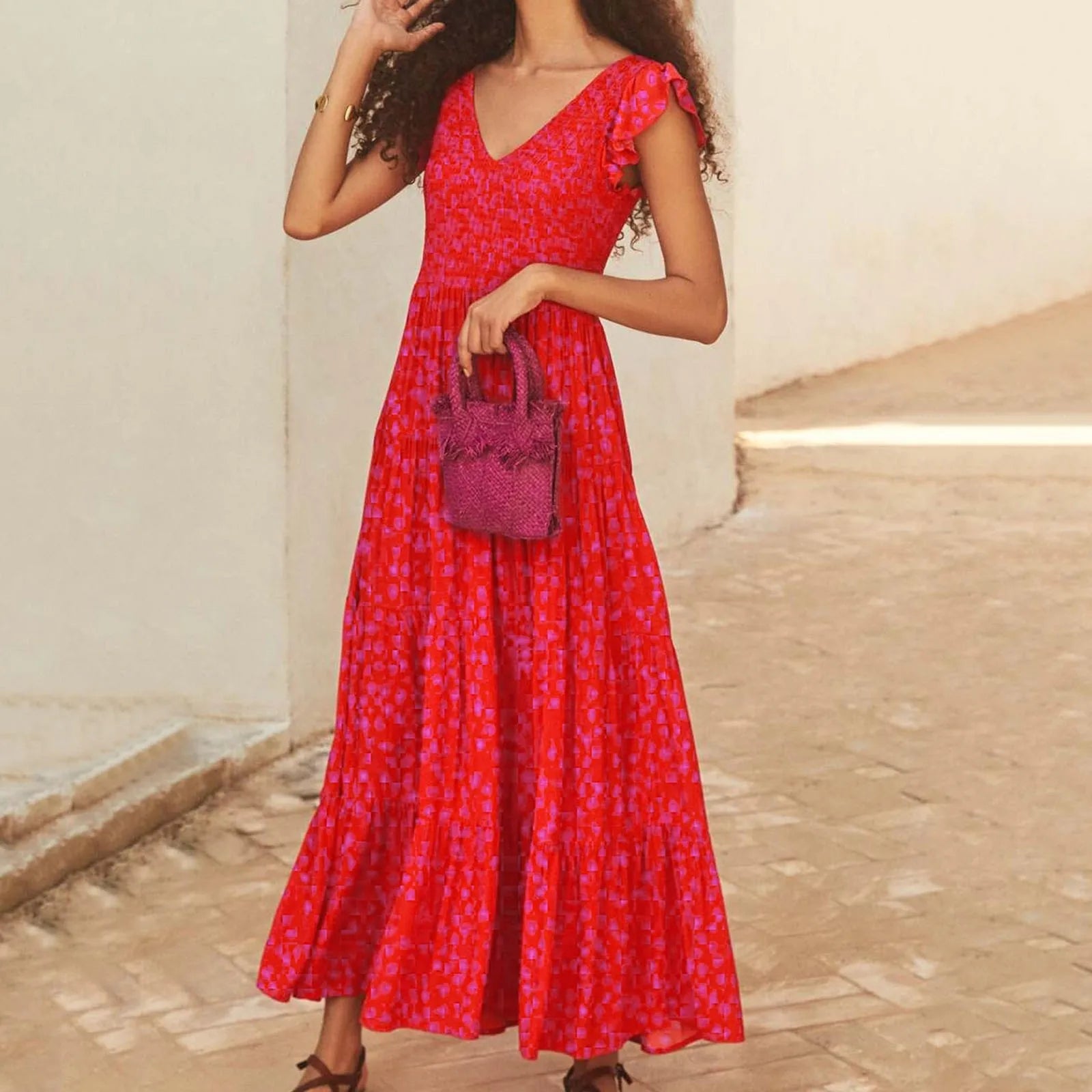 Women's Summer Flowy Maxi Dress Casual Cap Sleeve V Neck Smocked Beach Cotton Midi Dresses