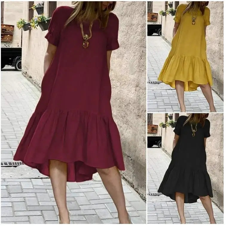 Casual round Neck Short Sleeve Midi Dress Women's Pure Color Crew Neck Gored Hem Cotton Overhead Dress mid Length Dress