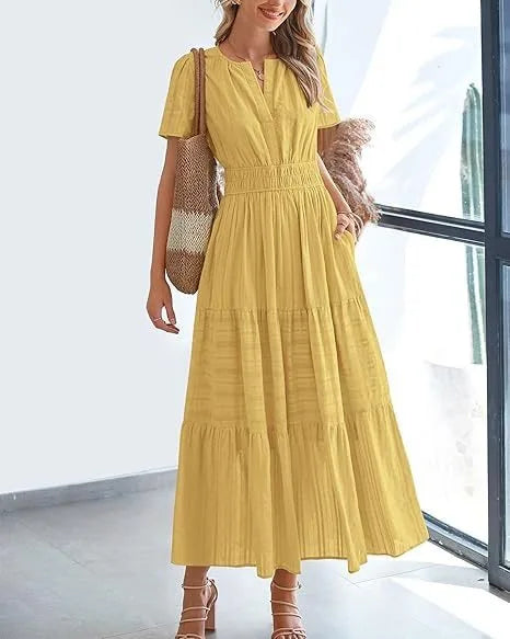 Summer Solid Color V-neck Tight Waist Dress French Style Elegant Pleated Large Swing Long Dress Casual Vacation Style Slimming M