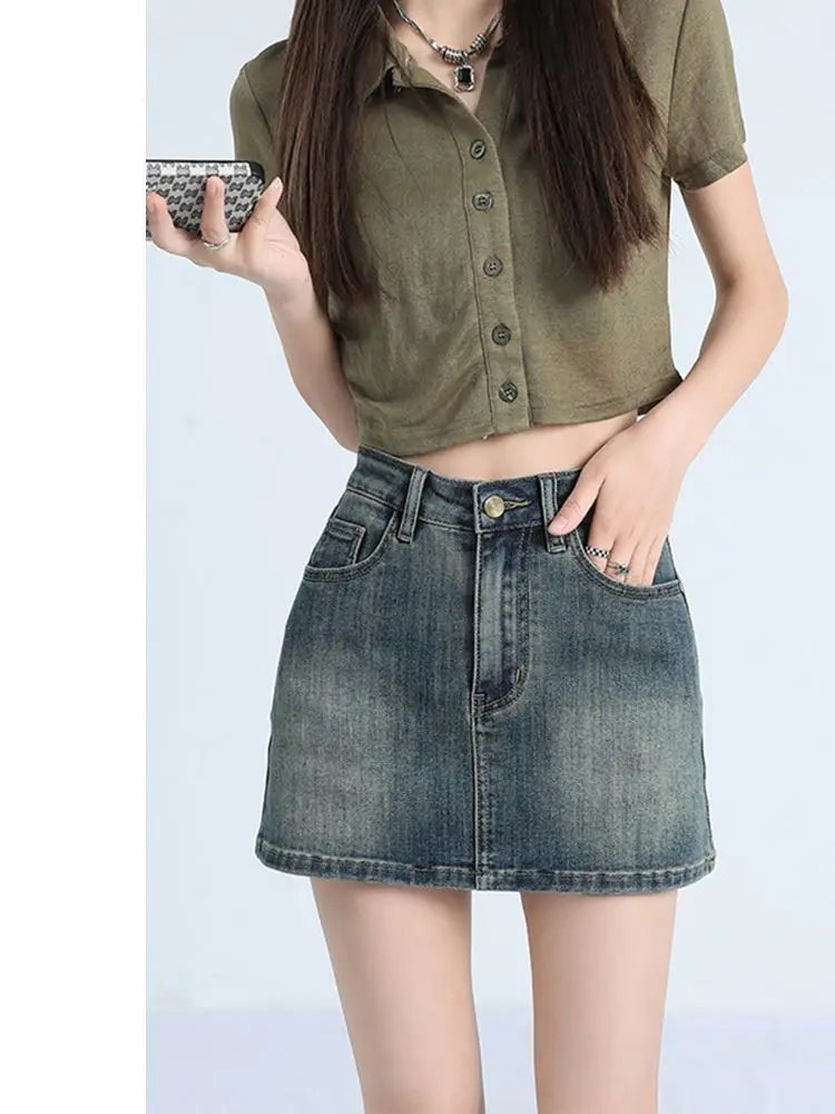 High Waist A-Line Mini Skirt Retro Spicy Girl Denim Women's Summer Slimming Anti-Light Half-length Skirt Street Style Trendy