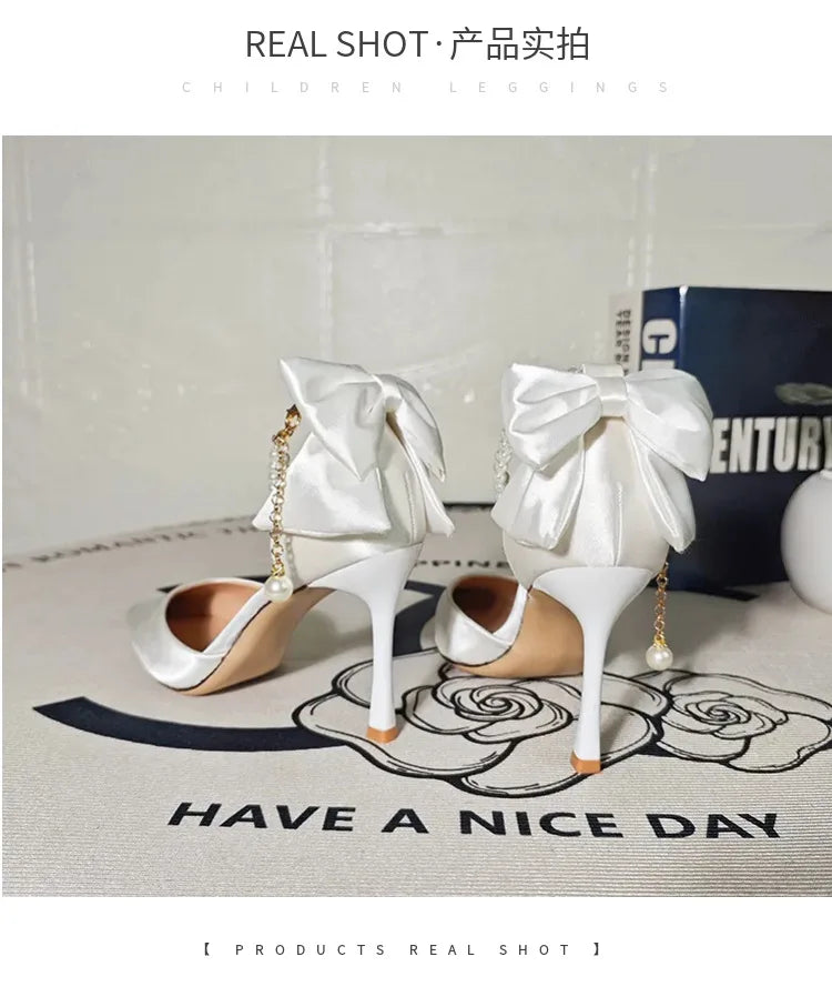 Plus 33-42 Pearl Ankle Strap Bow Heels Stiletto High Heels Women Pumps Wedding Shoes Bride Ladies Party Prom Closed-toe Sandals