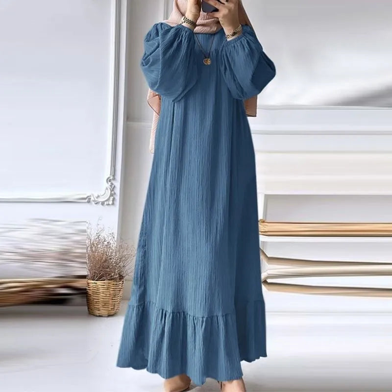 Women’s Spring-Summer Textured Long Sleeve Maxi Dress Round Neck, Ruffle Hem, Loose Fit, Casual Boho Style, Vacation Beach Wear