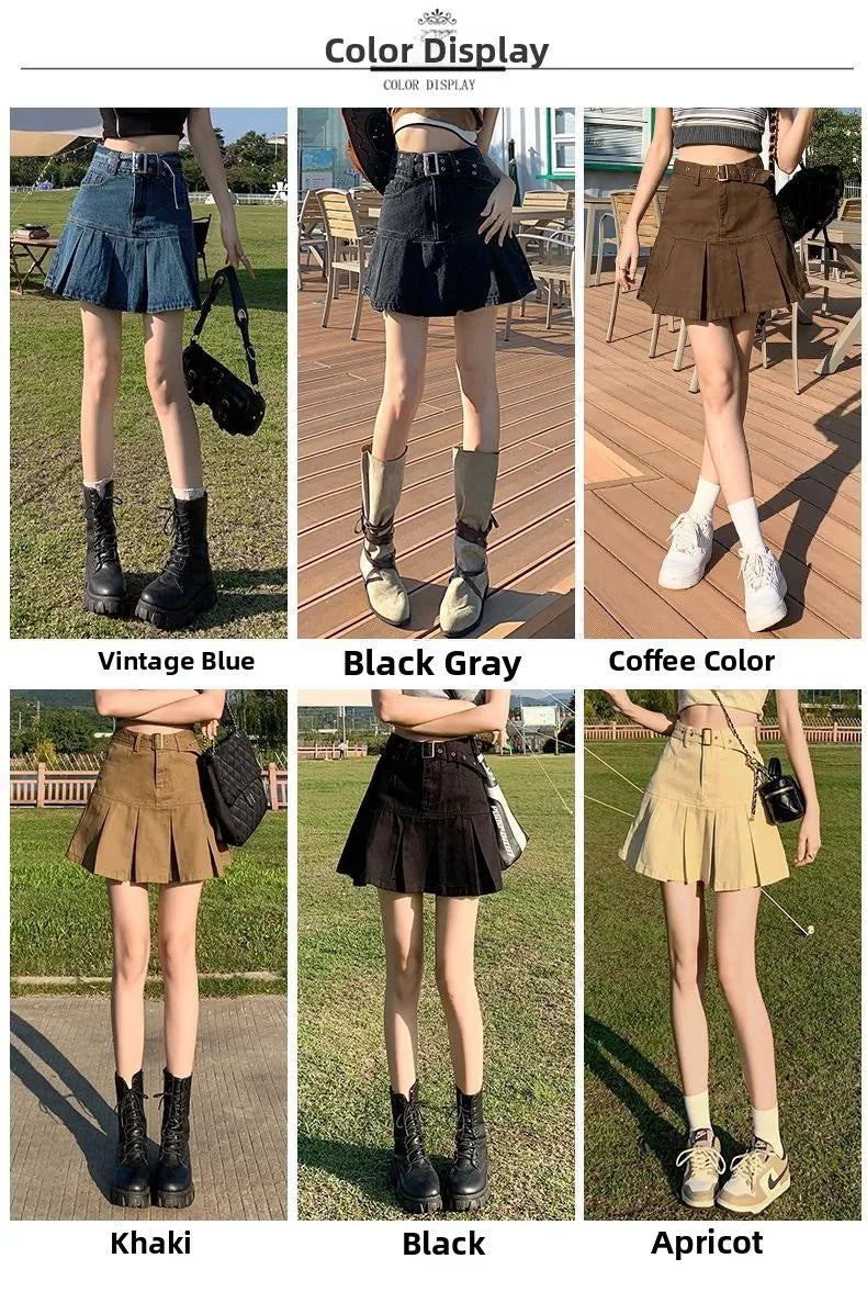 Retro American Blue Hot Girl Pleated Denim  Skirt Women's Summer New Pure Desire A-Line High Waist Short Skirt