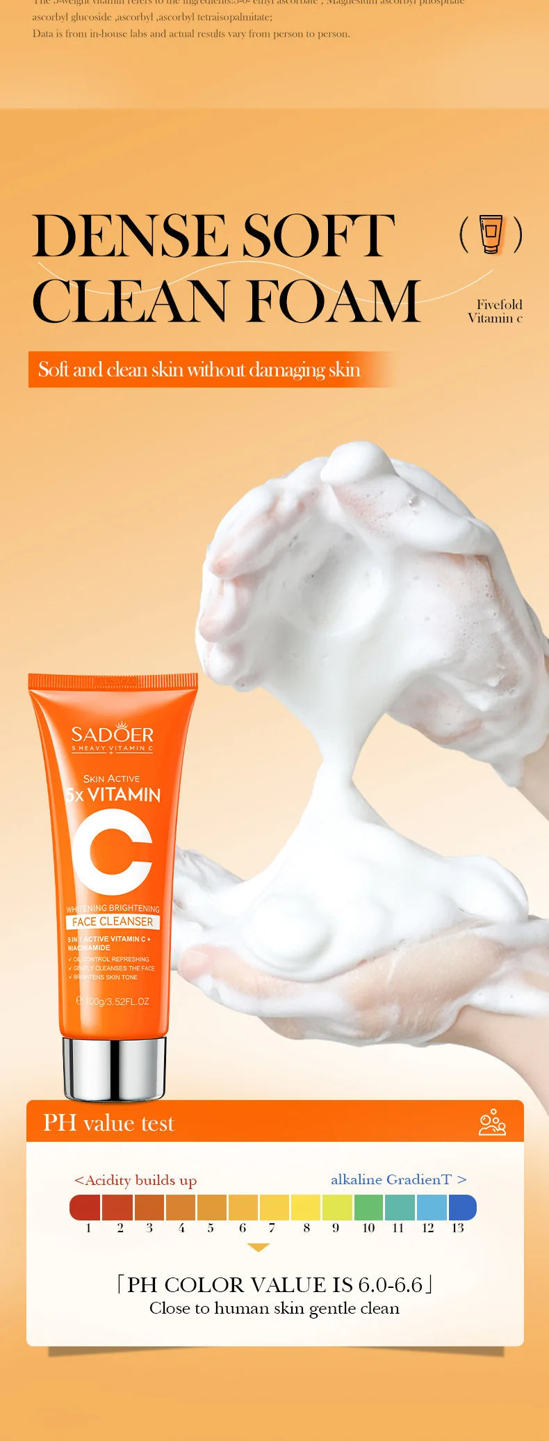 SADOER Vitamin C  Facial Cleanser Face Wash Foam Cleanser Deep Cleansing Moisturizing Brightening Hydrating Skin Care Products