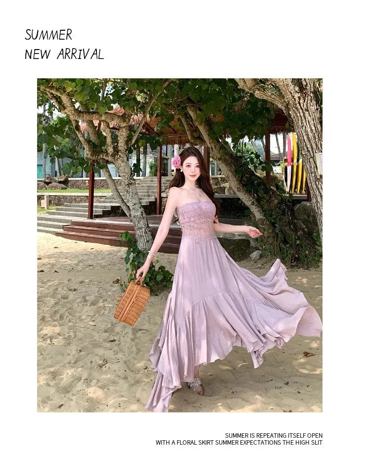 Slimming Dry Rose Splicing Tube Top Beach Dress Women's Style Long A-Line Skirt High Waist No Sleeve Shoulderless Polyester