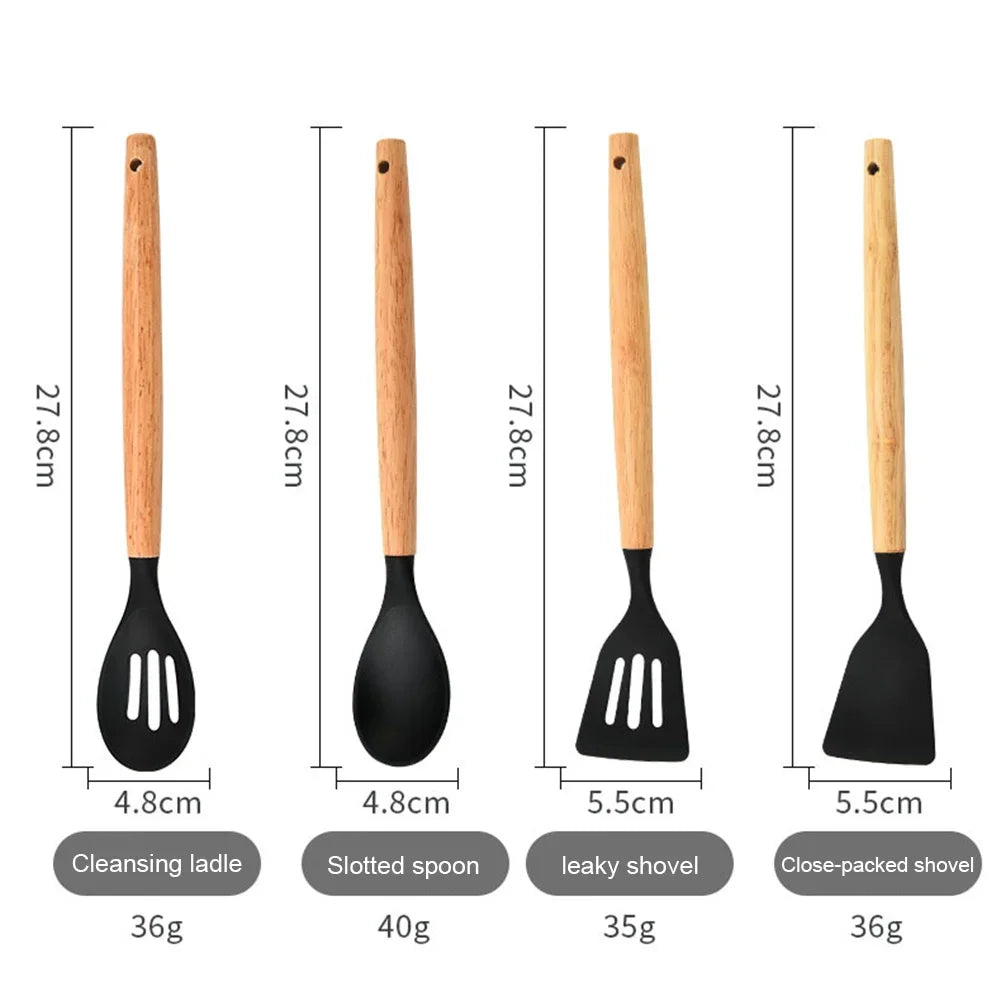 12Pcs Kitchen Utensil Set Silicone Spatula Set Wooden Handle Cooking Tools Kit with Holder Heat-Resistant Cookware for Kitchen