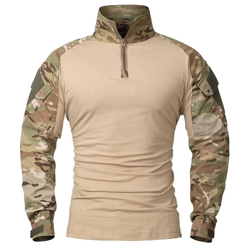 Outdoor Long Sleeve Tactical Shirts Combat Shirt 1/4 Zipper Ripstop Cotton Wear-Resisting Camo Airsoft T Shirts Men Clothing