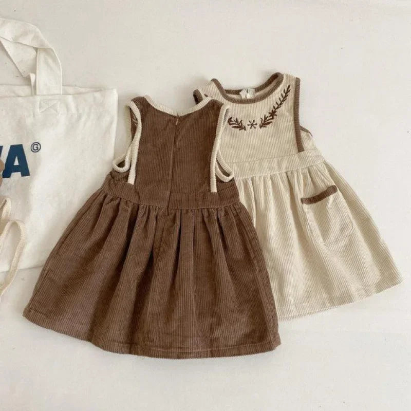 2025 Vinatge Baby Corduroy Sleeveless Dress Little Girls Sundress and Long Sleeve Tops Autumn Winter  Two Piece Set Children