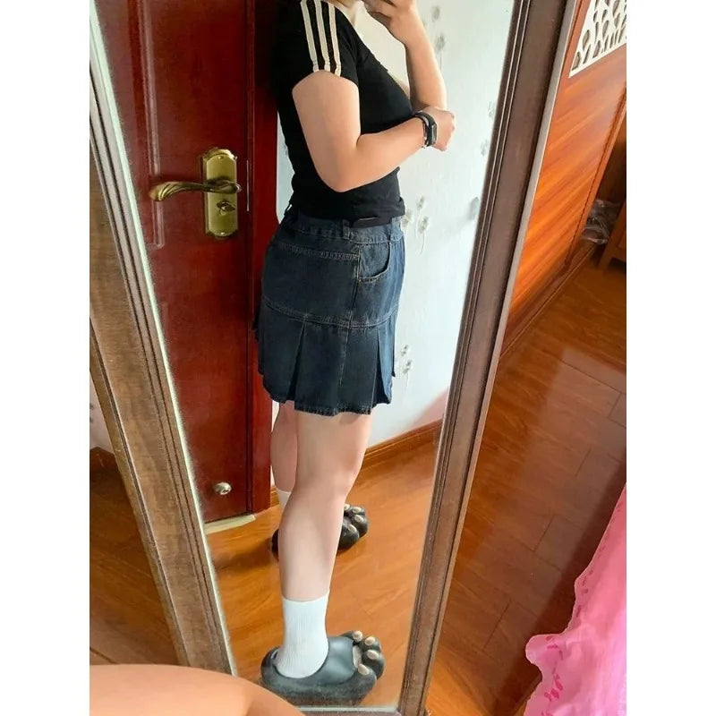 Women's Skirt Denim Pleated Mini High Waist A Line Short Slim Vintage Summer Casual Stylish