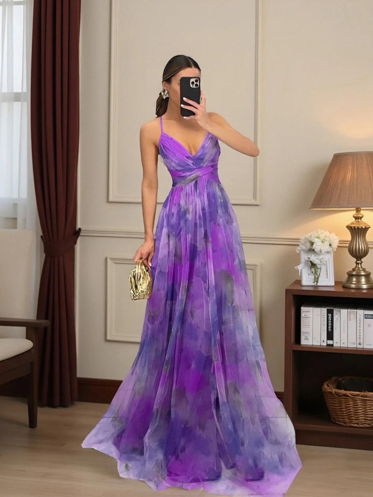 2026 NEW WOMEN'S MESH PRINT BACKLESS CAMISOLE DRESS, LIGHT LUXURY ELEGANT EVENING GOWN FOR PARTIES