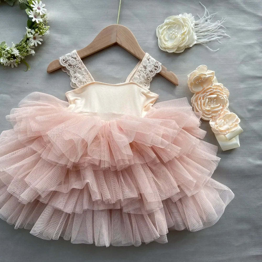 New Born Baby Girls Birthday Dress for Kids Flowers Girls Party Tutus Costume Belt Headband 3pcs Outfit Set Princess Vestidos