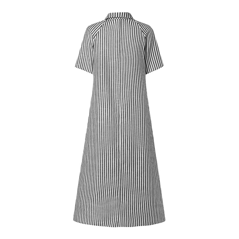 Women Summer Sundress ZANZEA Stylish Lapel Neck Striped Dress Elegant Short Sleeve Ruffled Hem Work Midi Dresses Baggy Robe 2026