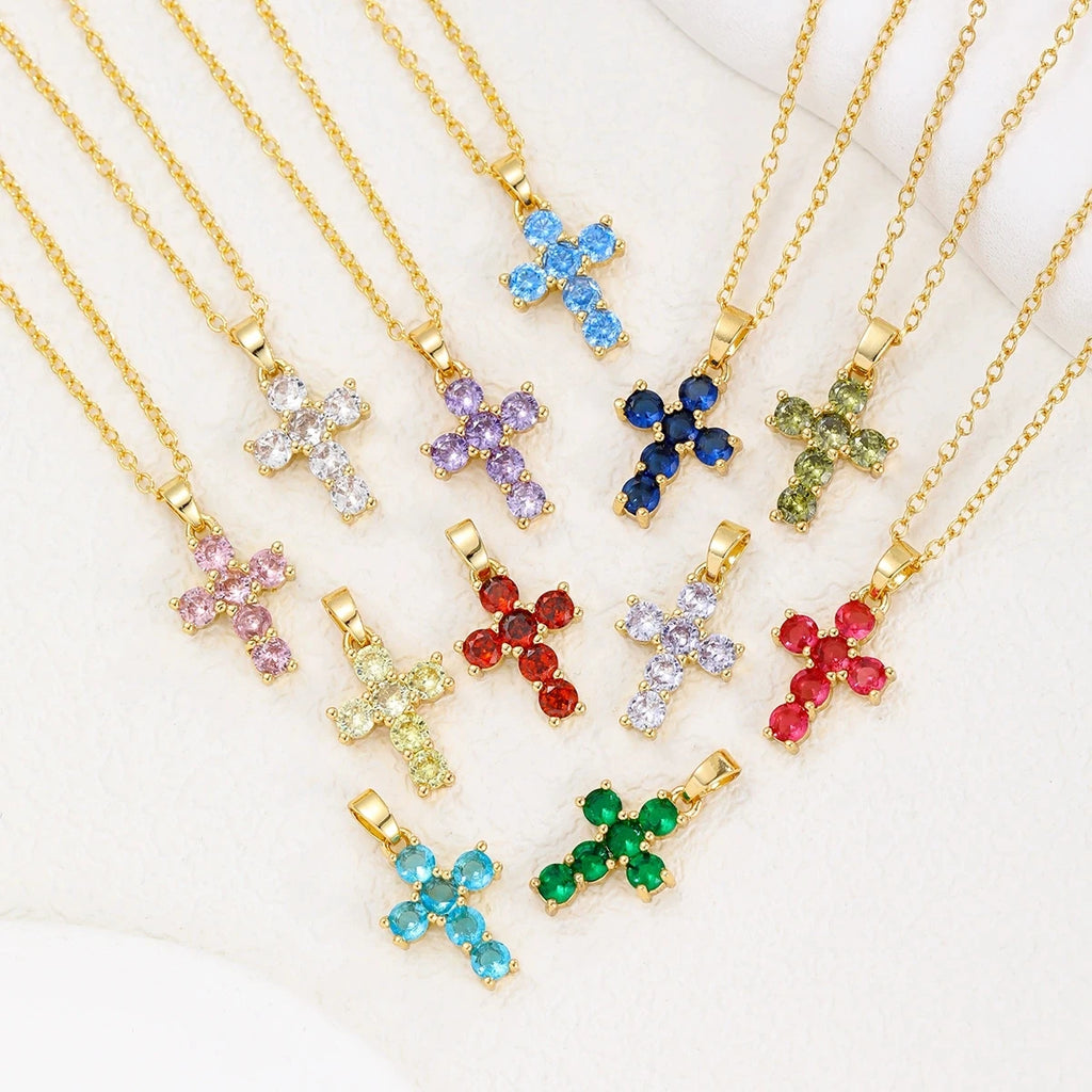 Birthstone Necklace 18K Gold Plated Zircon Necklace Cross Pendant Necklace For Women'S