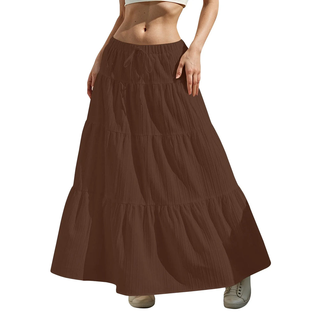 Women's Flared Ruffle Hem Maxi Skirt Fashion Women Solid Long Skirts Elastic Waist Elegant Long Skirt Spring Summer Cake Dress