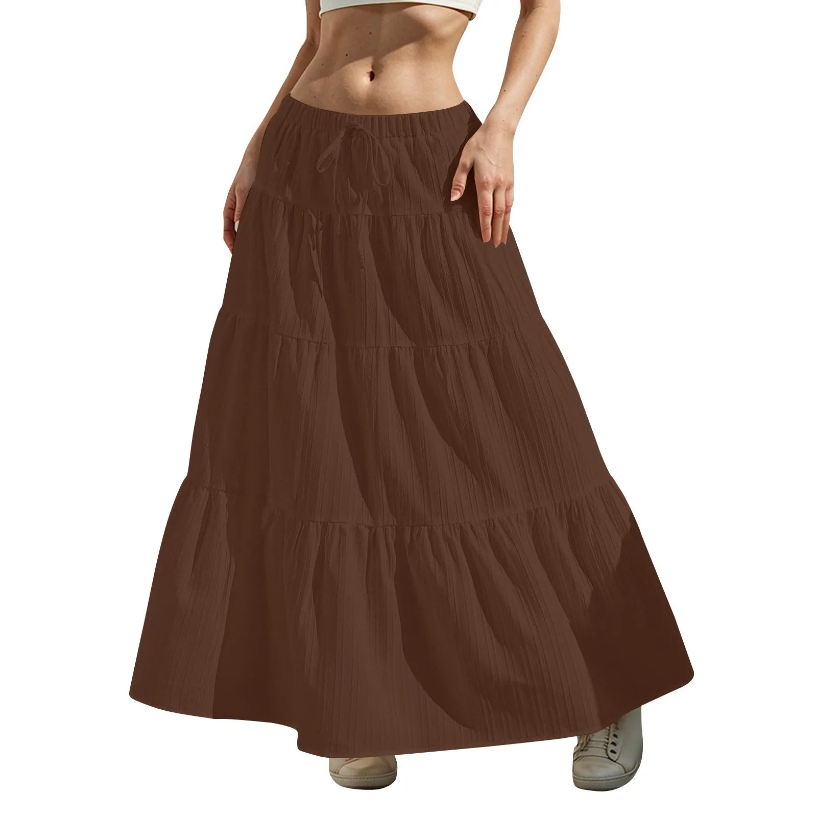 Women's Flared Ruffle Hem Maxi Skirt Fashion Women Solid Long Skirts Elastic Waist Elegant Long Skirt Spring Summer Cake Dress