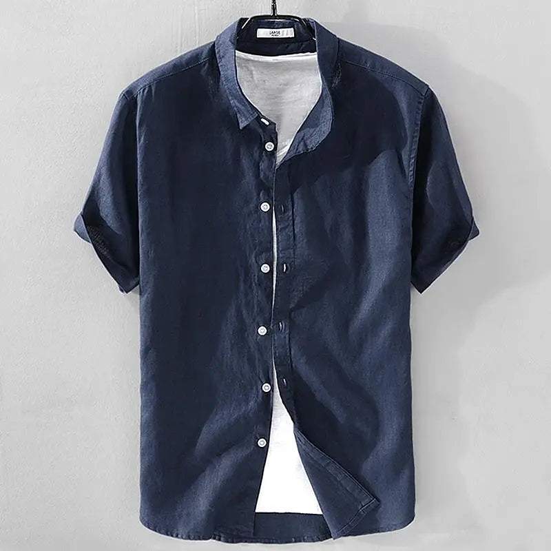 Summer Henry V Neck Button Down Shirt Soft and Comfortable Men's Casual Hawaiian Shirt Solid Color White Black