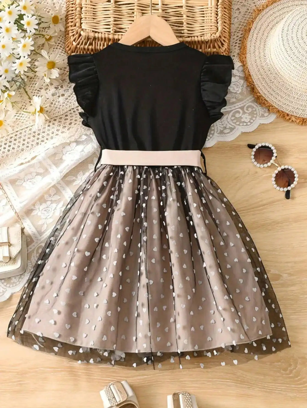 Summer Style Girls' Sleeveless Round Neck Flying Sleeve Pink Printed Dress, Cute Outfit, With Belt
