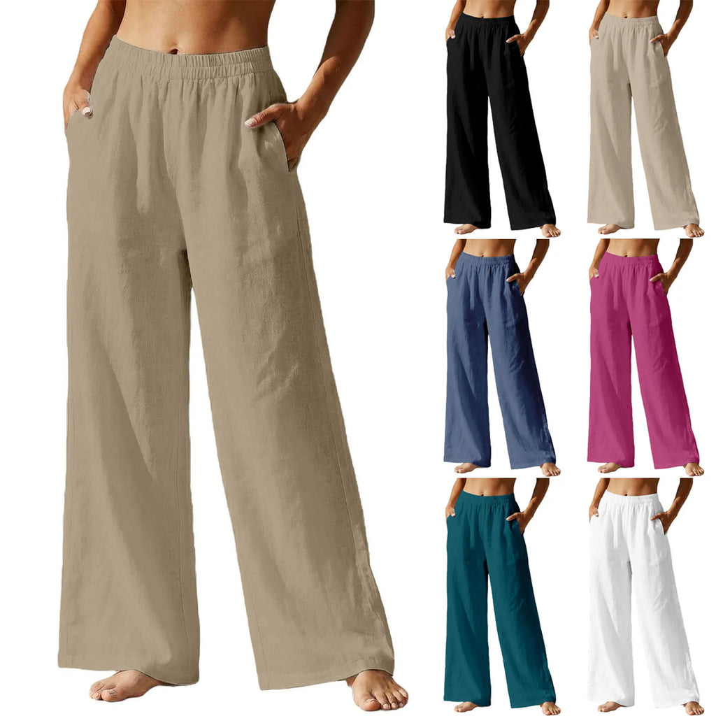 Linen Pants For Women Summer Casual Beach Pants High Waist Pocket Wide Leg Pants Loose Fit Solid Lightweight Palazzo Trousers