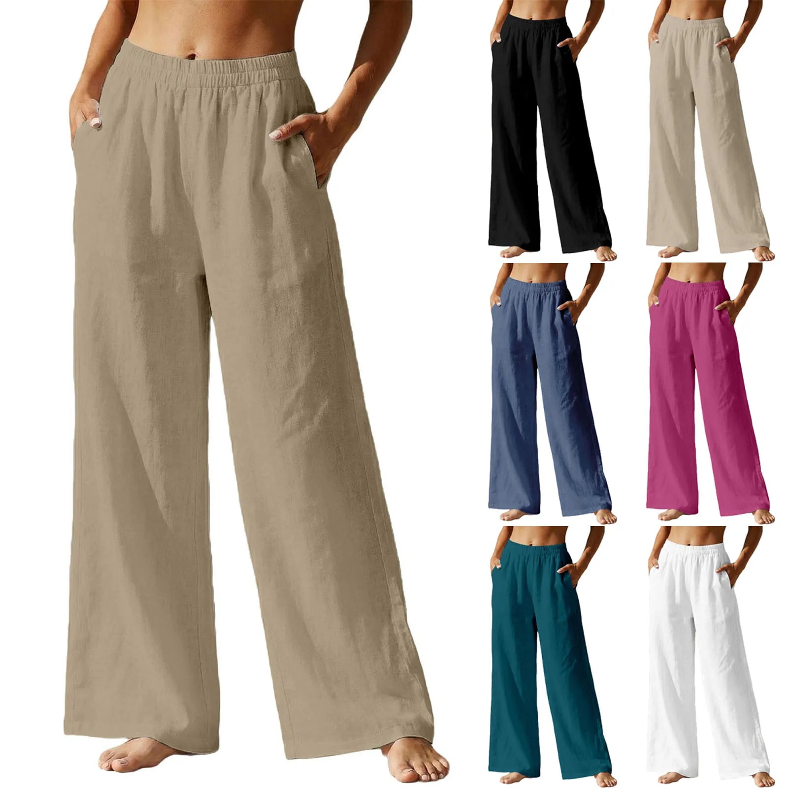 Linen Pants For Women Summer Casual Beach Pants High Waist Pocket Wide Leg Pants Loose Fit Solid Lightweight Palazzo Trousers