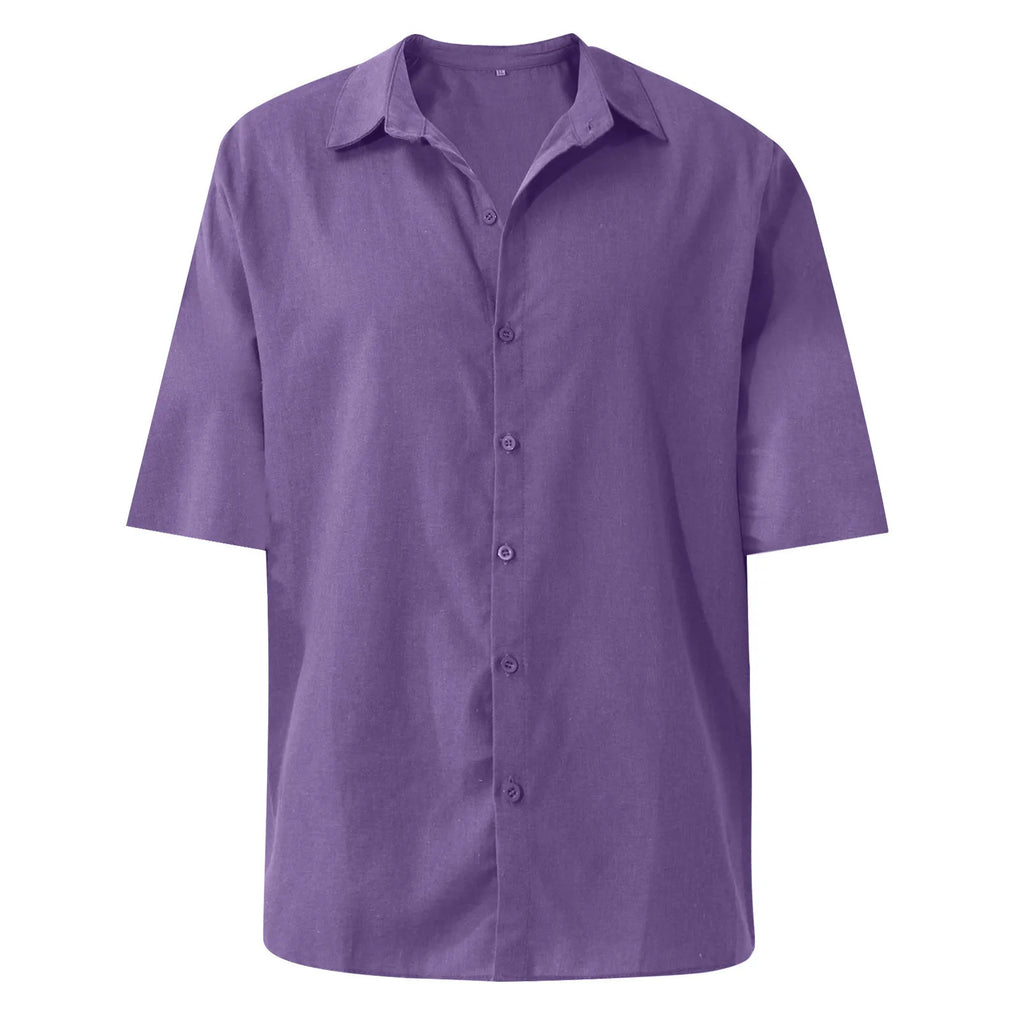 Men'S Short-Sleeved Shirts Cotton Linen Summer Solid Color Turn-Down Collar Quick Drying Casual Beach Style Plus Size Shirts