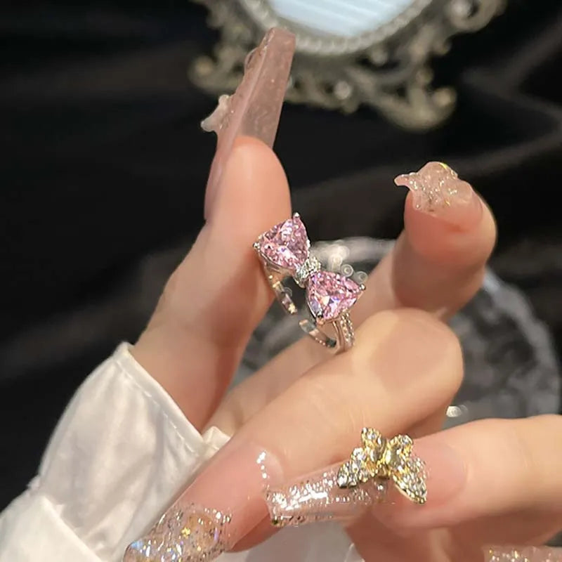 New Arrived Romantic Lovely Pink Bowknot Design Female Exquisite Jewelry Ring with Micro Bow Tie Zircon for Party and Dating