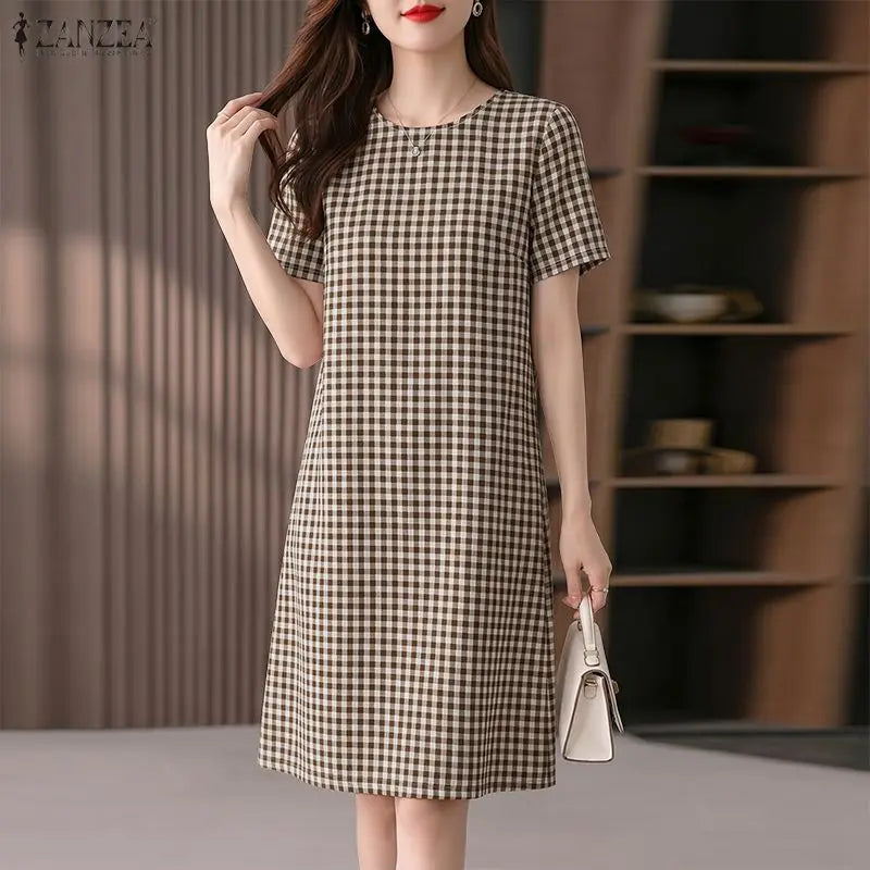 ZANZEA Women's Vintage Gingham Short Sleeves Dresses O-Neck Knee-Length Dress 2026 Summer Daily Casual Commute Robes Femme