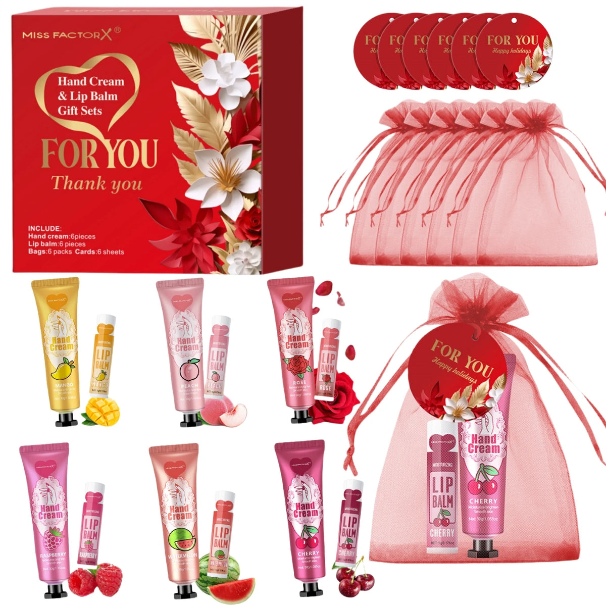 24PCS/Box Lip Balm in Bulk, Hand Cream in Bulk Thank You Card and Red Gauze Bag, Wedding Gift to Guests, Christmas and New Year