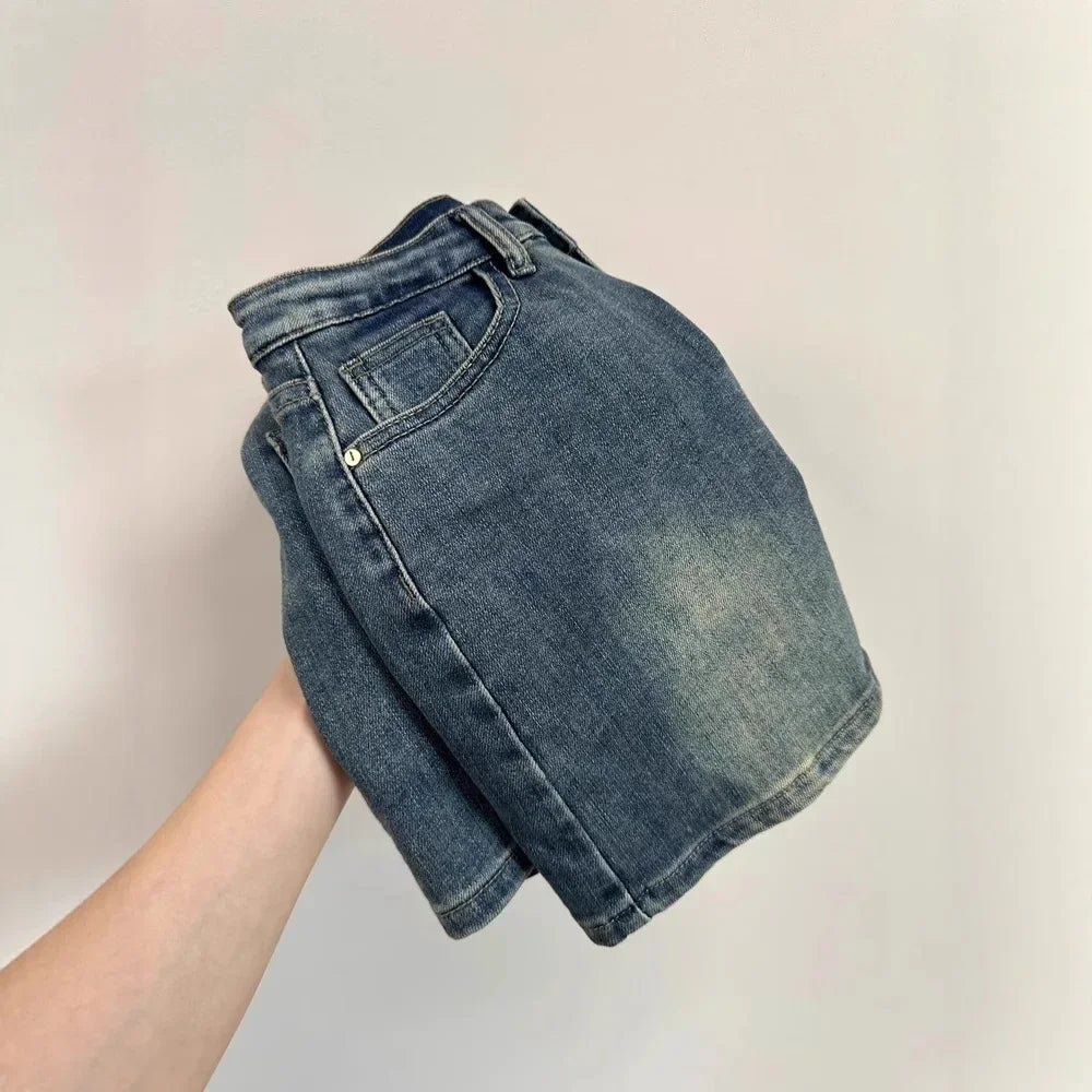 Plus Size Retro Denim Mini Skirt Summer New American Style Hot Girl High Waist Anti-Light Slim A- Line Wrap around Short Skirt