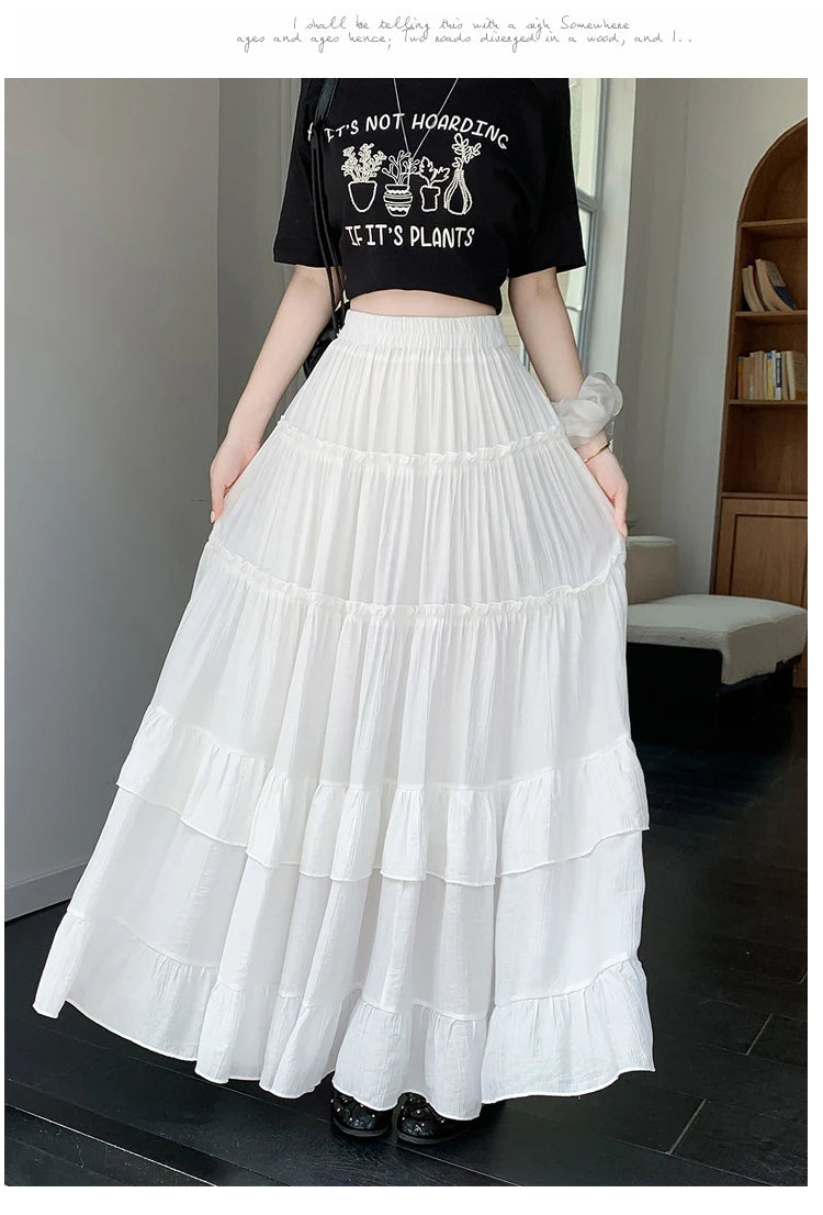 White Tiered Ruffle Hem Skirt 2025 - High Waist Flowy A-Line Maxi Skirt, Summer Chiffon Layered Skirt with Pleats