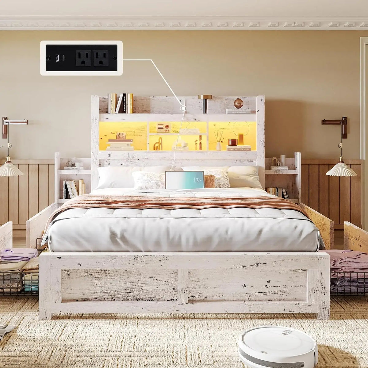 White Queen Storage Bed Bookcase Headboard Charging Station 4 Drawers Wood Platform No Box Spring, Customized