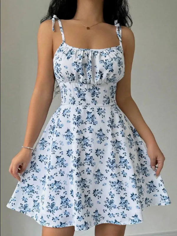 Women's Summer Floral Spaghetti Strap Beach Short Dress Sweet A-Line Mini Dress   Loose   Slimming Casual Skirt