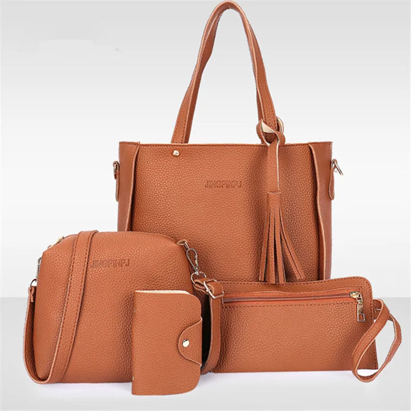 4pcs Elegant Minimalist Women'S Shoulder Bag, Handbag, Crossbody Bag, Women Storage Bag, Holiday Gift, Synthetic, Zipper Closure