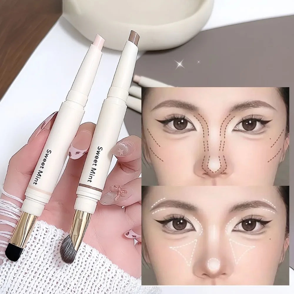 Dual-Ended Face Contour & Highlight Stick 3D Nose Shadow with Smudge Brush Silky Smooth Concealer Pen Natural Sculpting Makeup