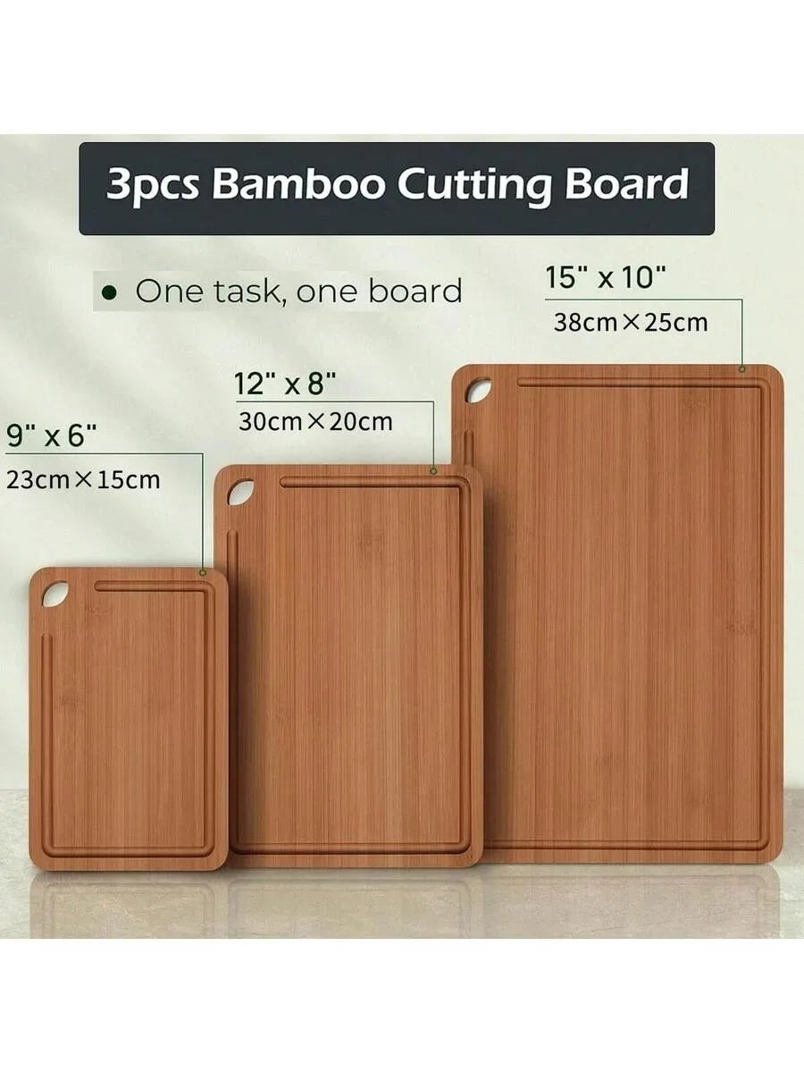 Deep Carbonized Bamboo Cutting Board Set, Designed For Kitchen Use, Paired With Wooden Storage Rack; Double-Sided For Separate Handling Of Cooked Food, Features Oil Draining Groove And Ergonomic Handle, Protects Knives,