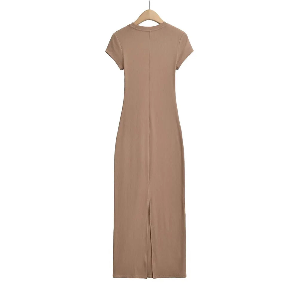 Short Sleeve Women Long Dresses Thin Style Crewneck Summer Solid Color Dress Commute Short Sleeve New Leisure Women Dress