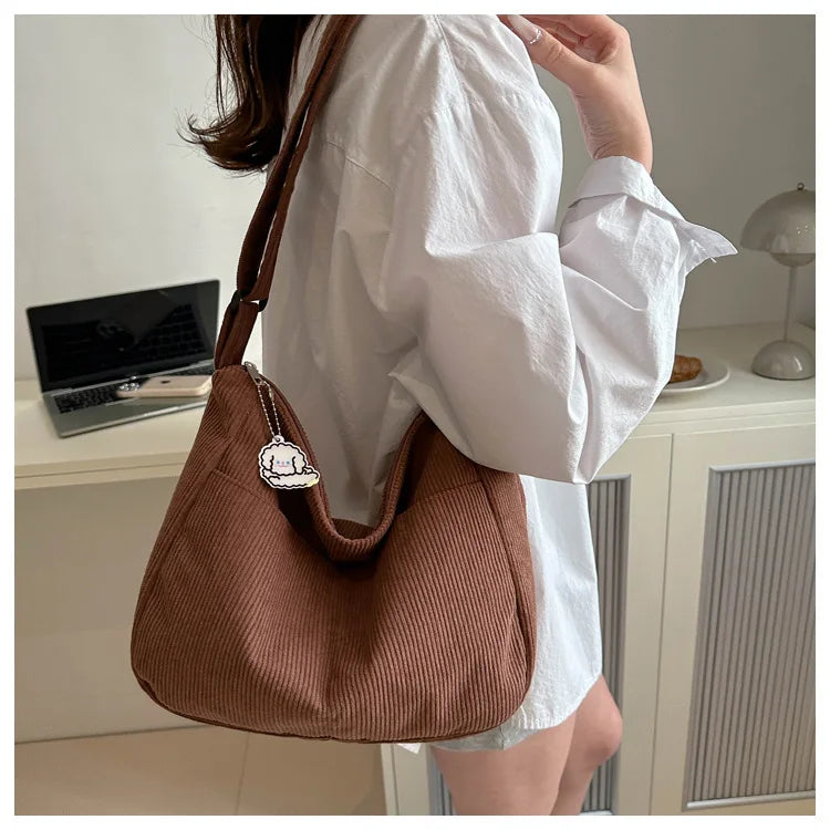 Women’s Corduroy Shoulder Bag, Casual Striped Large Capacity Tote with Zipper Closure, Cute Hat Patch, Perfect for Everyday Use