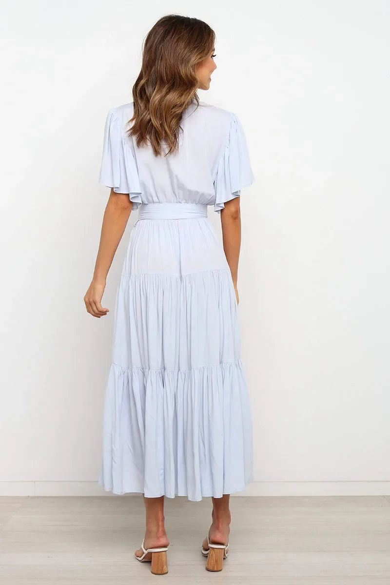 Summer Bohemian Long Dress Pure Color V-Neck Short Sleeve Empire Waist Design Floor Length with Belt Loose Fit Women's Dress