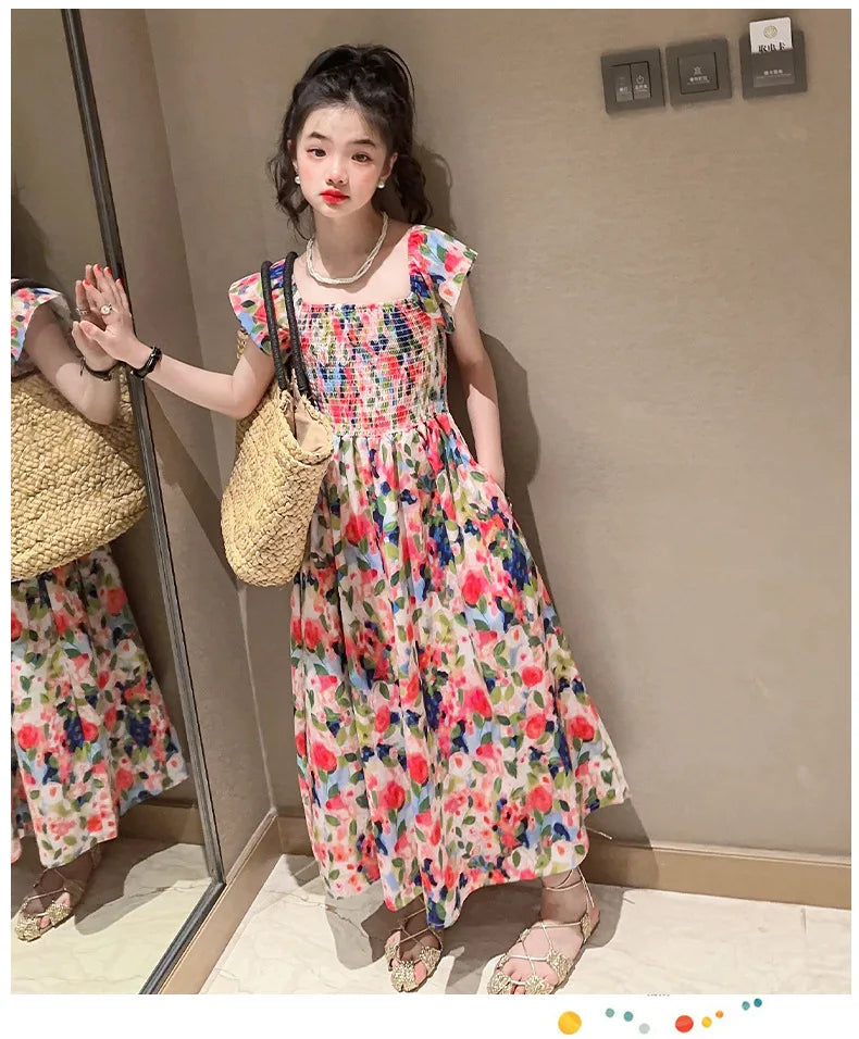 Girls floral dress summer dress children's summer thin princess dress older children girls skirt